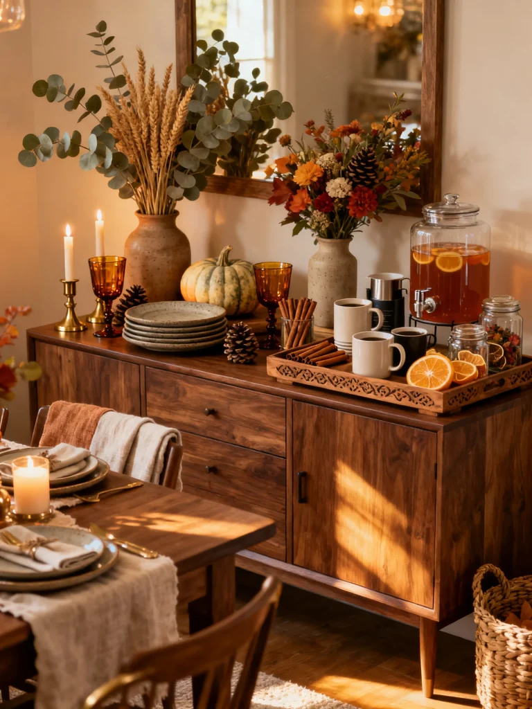 Fall sideboard styled as a seasonal drink station with autumn florals, pumpkins, amber glassware, hot cider dispenser, mugs, and rustic farmhouse decor.