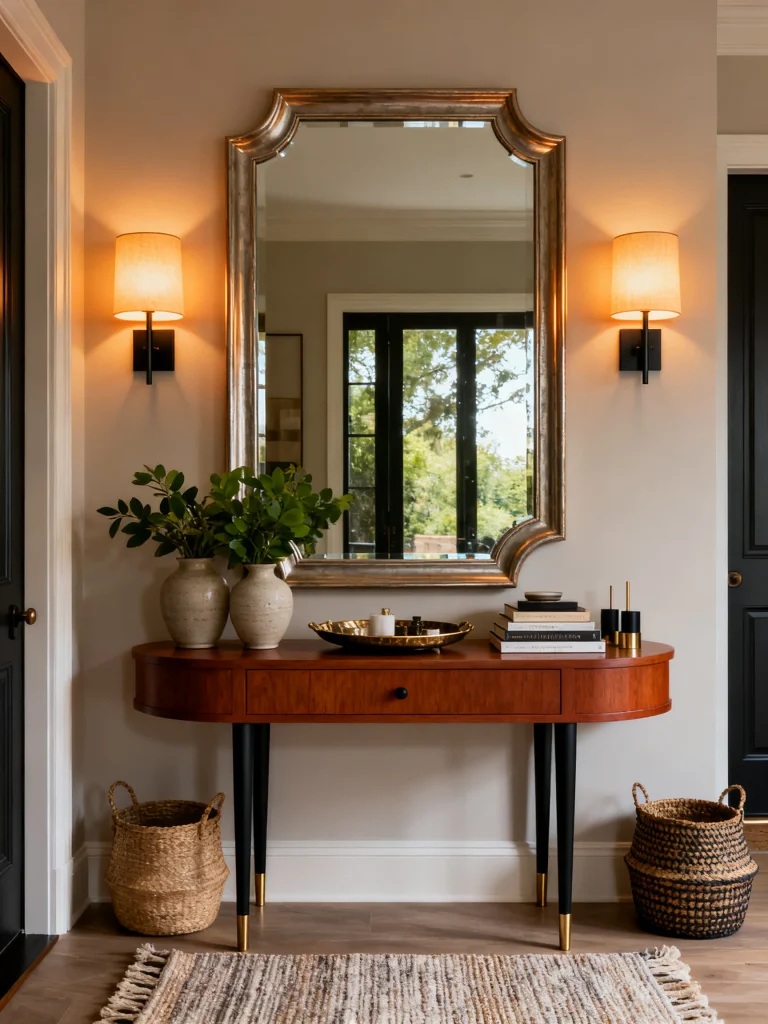 Entryway console table with a large decorative mirror flanked by matching wall sconces, creating balanced lighting and a warm, elegant foyer design.