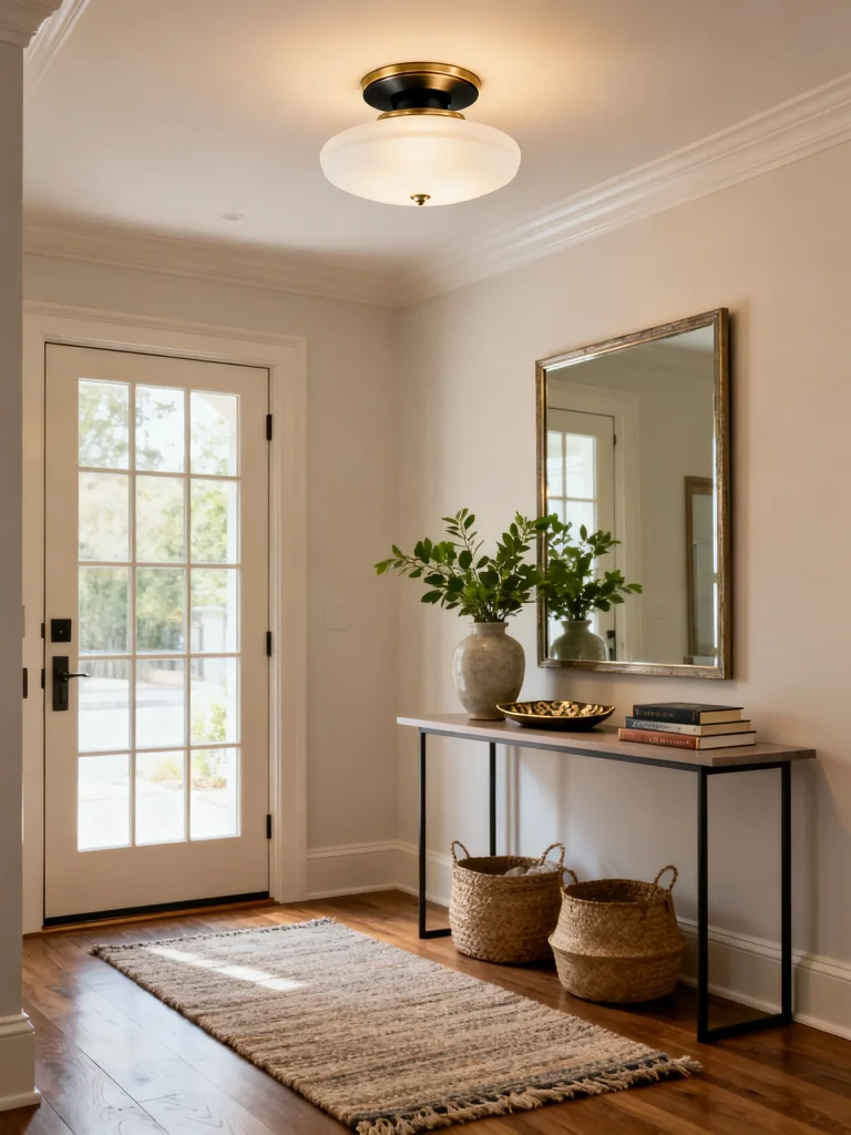 Modern entryway with a semi-flush mount ceiling light, slim console table, large wall mirror, woven baskets, and a glass front door, ideal for low ceiling foyers.
