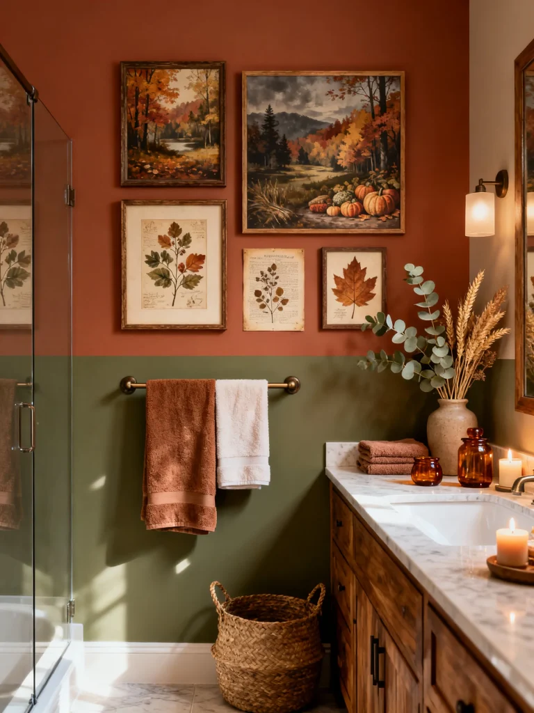 Bathroom decorated with framed autumn artwork, botanical leaf prints, warm rust and olive walls, candles, and seasonal fall accents.