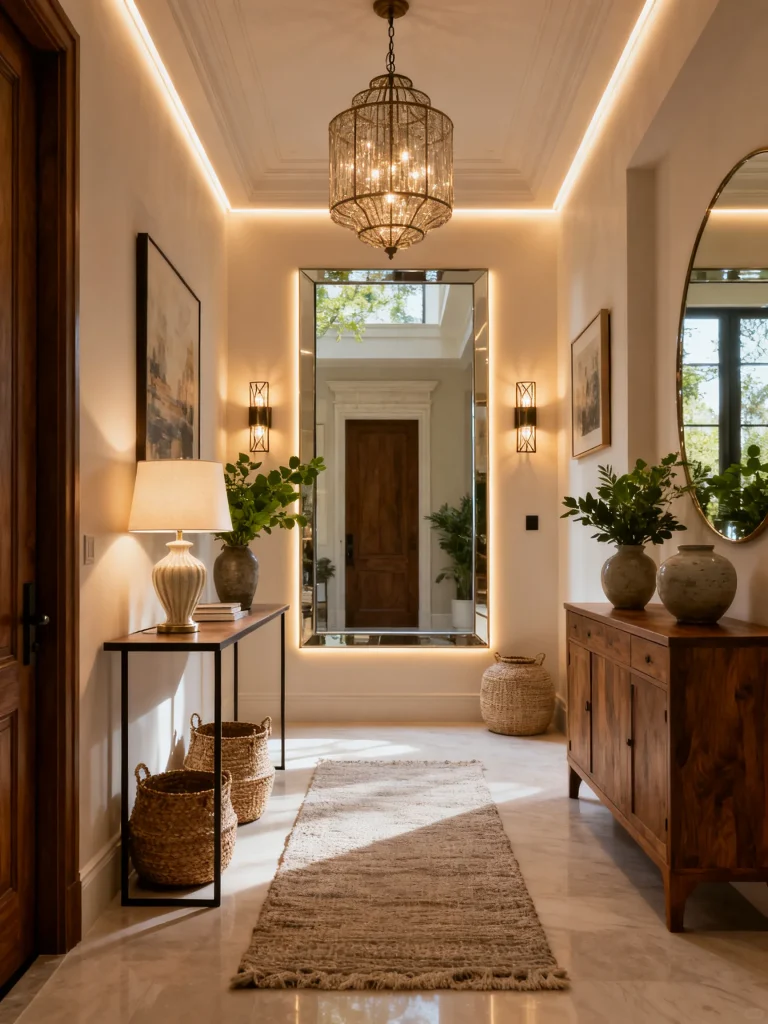 Modern entryway with layered ambient, task, and accent lighting featuring a crystal pendant chandelier, wall sconces, table lamp, LED backlit mirror, and recessed ceiling lighting.