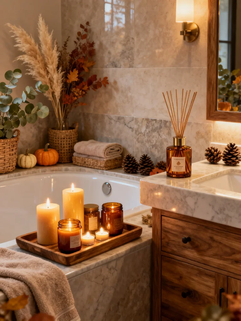 Cozy fall bathroom with glowing candles, amber jars, reed diffuser, pumpkins, pampas grass, and autumn décor creating a warm spa-like atmosphere.