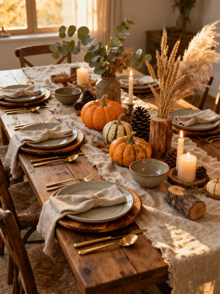 Textured linen table runner layered on a rustic farmhouse table with pumpkins, candles, eucalyptus, pampas grass, and neutral fall place settings.
