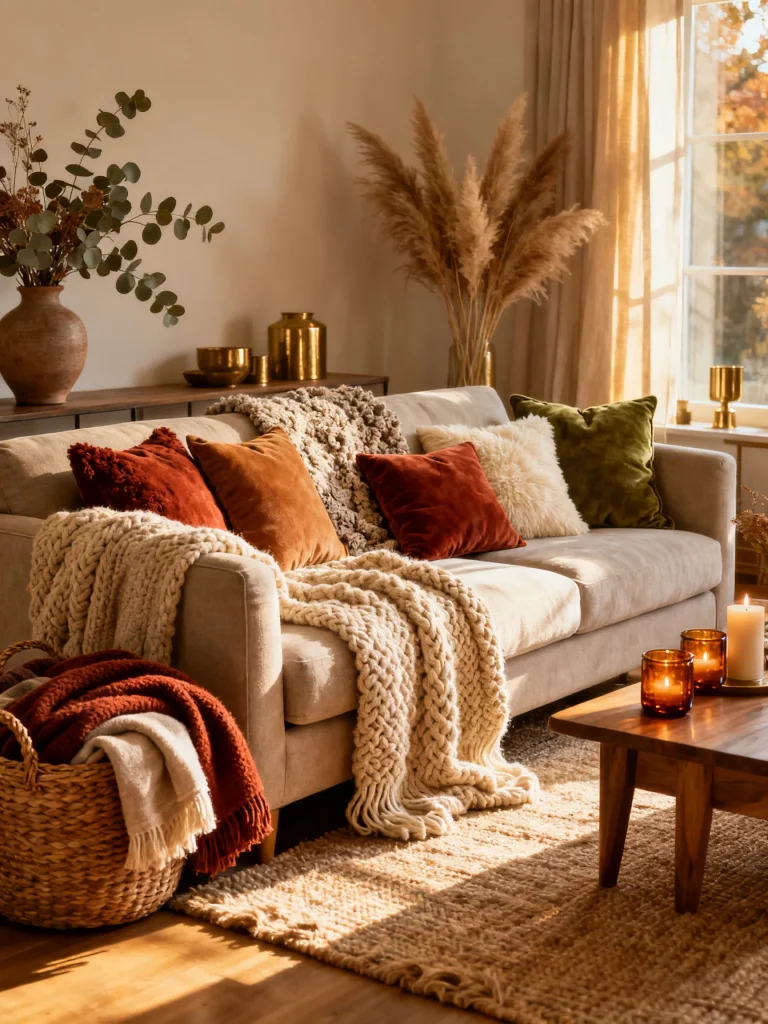 Cozy autumn living room with layered knit throw blankets, velvet pillows, candles, pampas grass, and warm neutral decor creating a comfortable fall atmosphere.