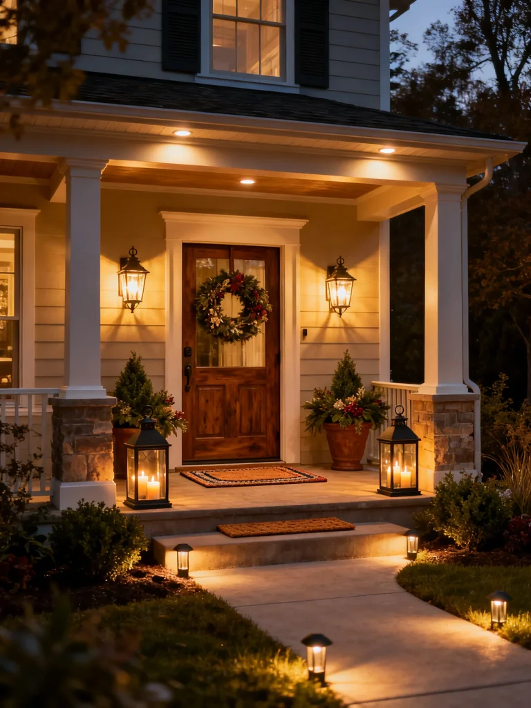 Warmly lit front porch with lantern-style wall sconces, pathway lights, candle lanterns, and a festive wreath creating a welcoming outdoor entryway at dusk.
