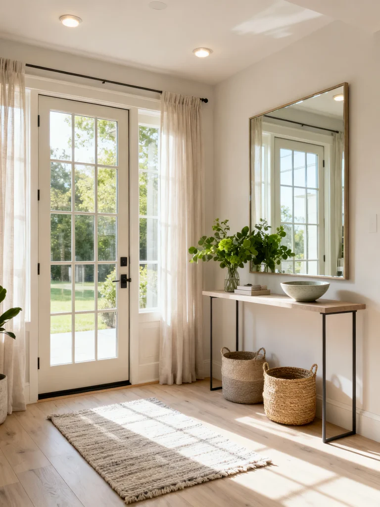 Bright entryway filled with natural light featuring a glass front door, sheer curtains, large wall mirror, slim console table, woven baskets, and a neutral area rug.