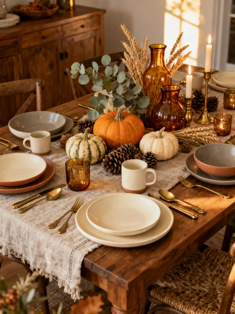 Fall tablescape featuring warm amber glass vases, gold flatware, matte ceramic dinnerware, pumpkins, eucalyptus, pinecones, and candlelight on a rustic wooden table.