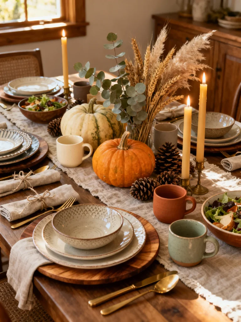 Fall tablescape featuring mixed ceramic dinnerware, wooden chargers, linen napkins, pumpkins, candles, and rustic farmhouse decor.