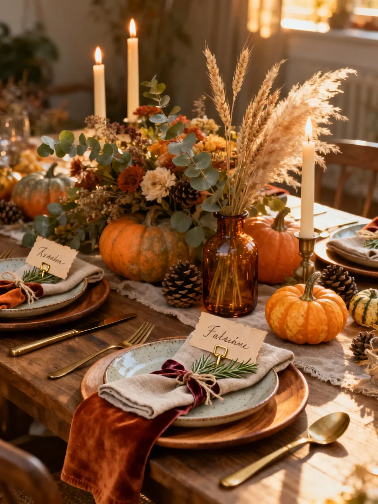 Fall place setting with handwritten place cards, velvet ribbon napkins, pumpkins, candles, and a rustic autumn centerpiece on a farmhouse dining table.