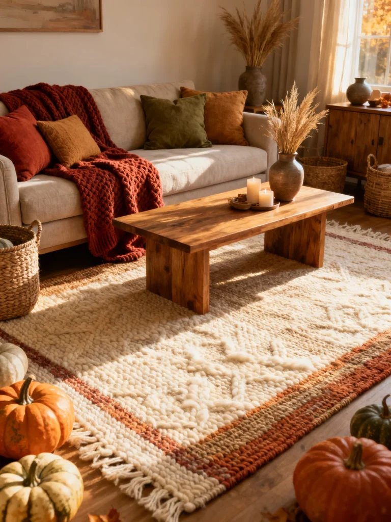 Cozy autumn living room with a plush cream area rug, rustic wood coffee table, pumpkins, candles, and warm seasonal decor.