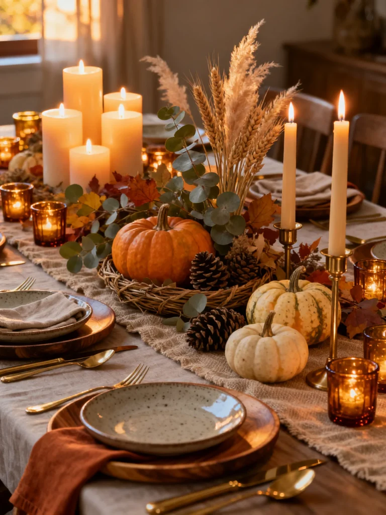 Cozy fall tablescape illuminated with pillar candles, taper candles, pumpkins, pinecones, and warm amber candle holders on a rustic dining table.