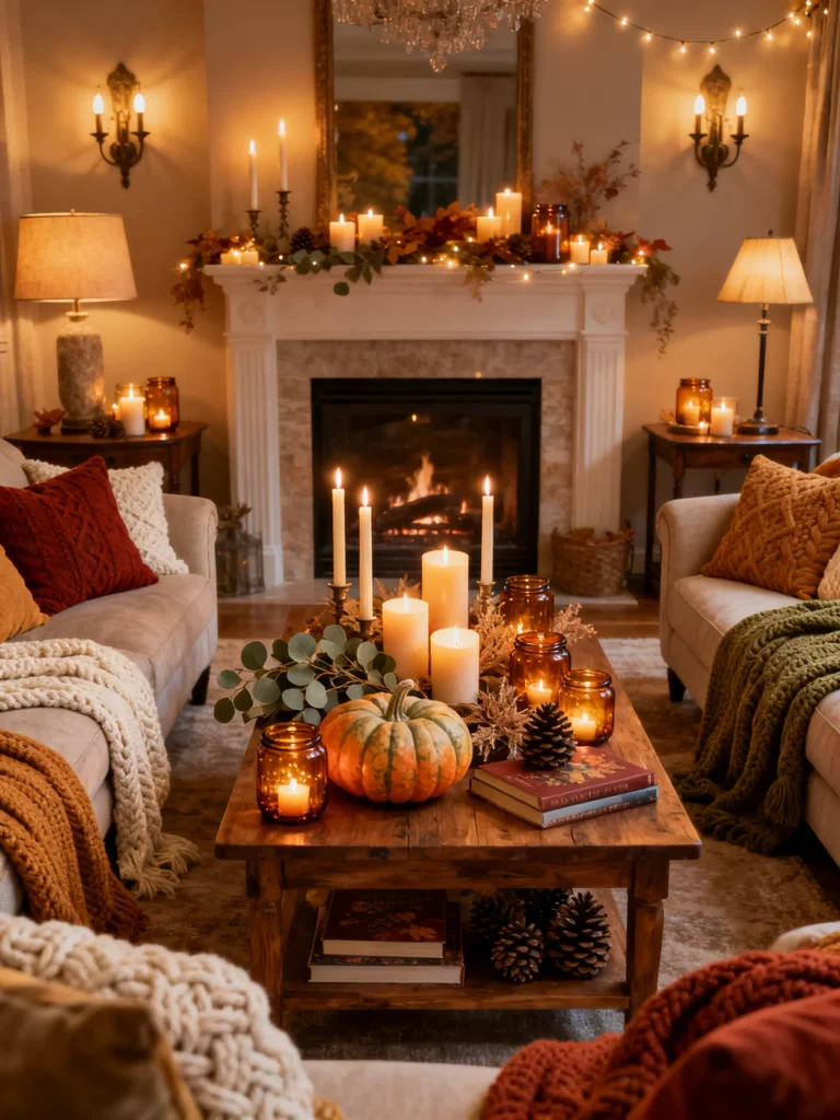 Cozy autumn living room illuminated with candles, fireplace, table lamps, and warm ambient lighting for a relaxing fall evening atmosphere.
