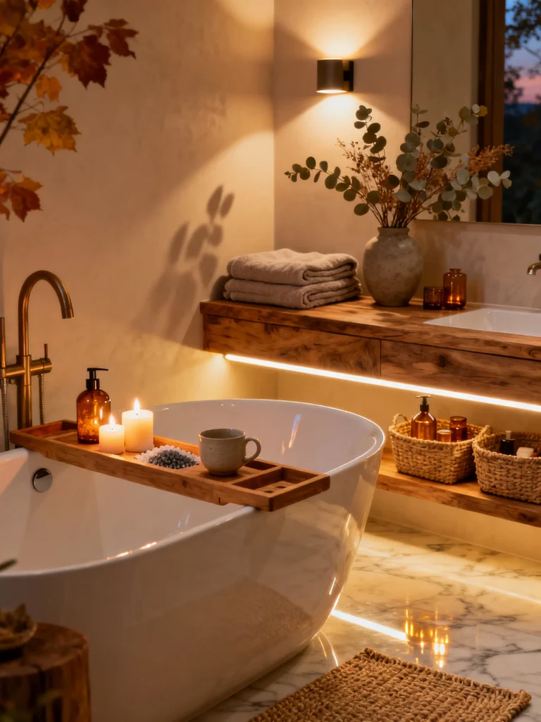 Cozy fall bathroom with soft ambient lighting, candles, warm LED vanity lights, freestanding tub, woven baskets, and natural autumn décor.