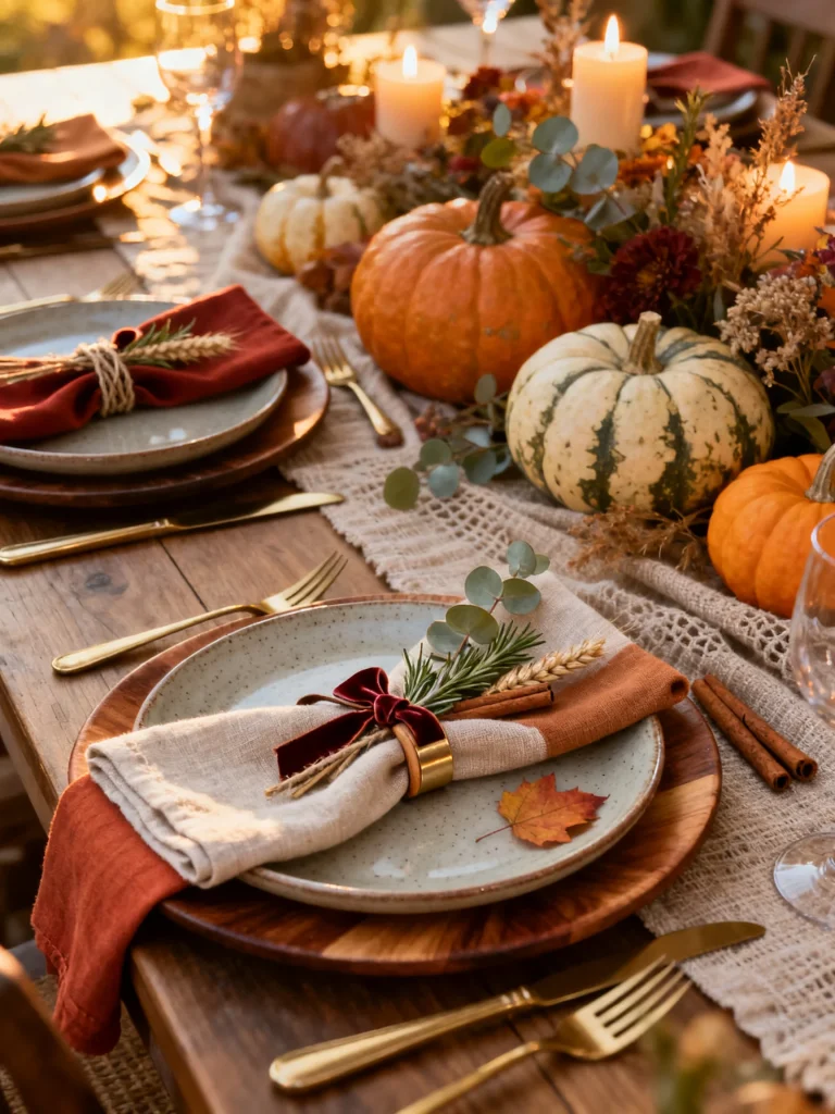 Fall place setting with layered linen napkins, velvet ribbon, rosemary, wheat sprig, cinnamon stick, and gold napkin ring on a rustic autumn tablescape.