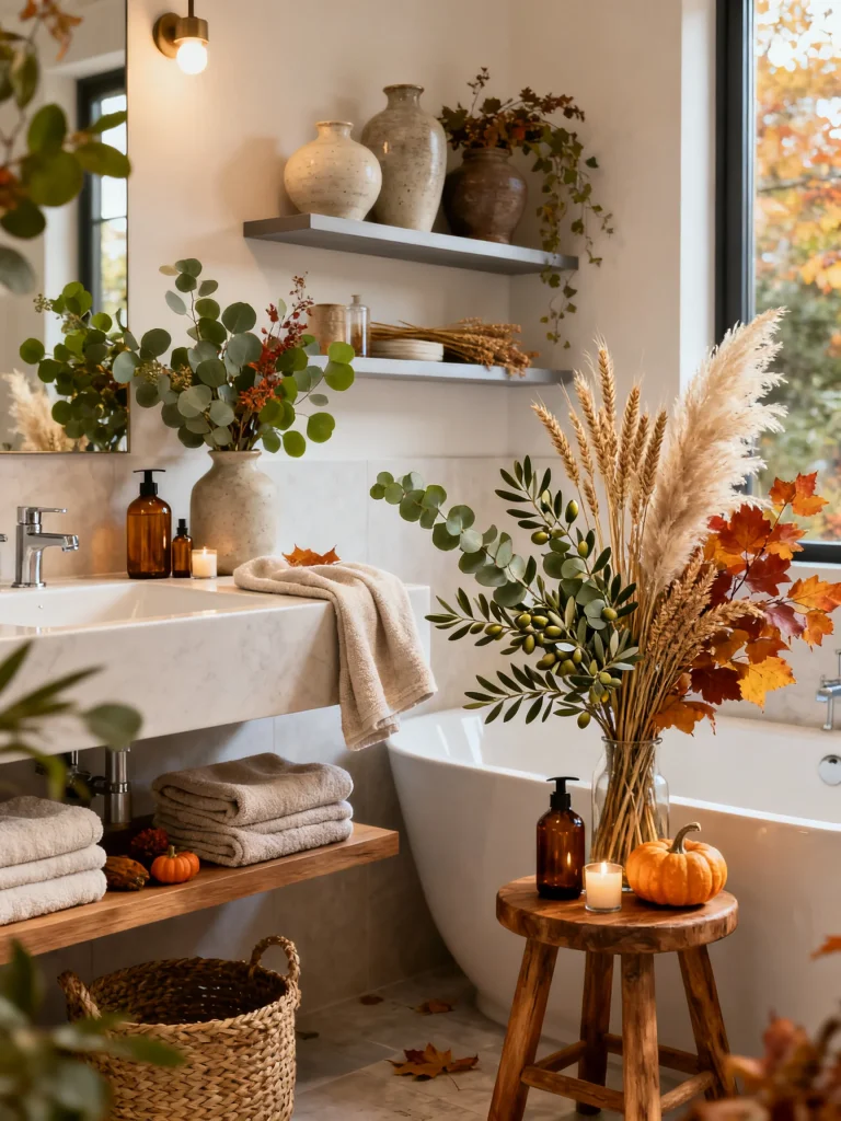Fall bathroom decorated with seasonal greenery, eucalyptus, dried pampas grass, wheat stems, and autumn leaves for a cozy natural look.