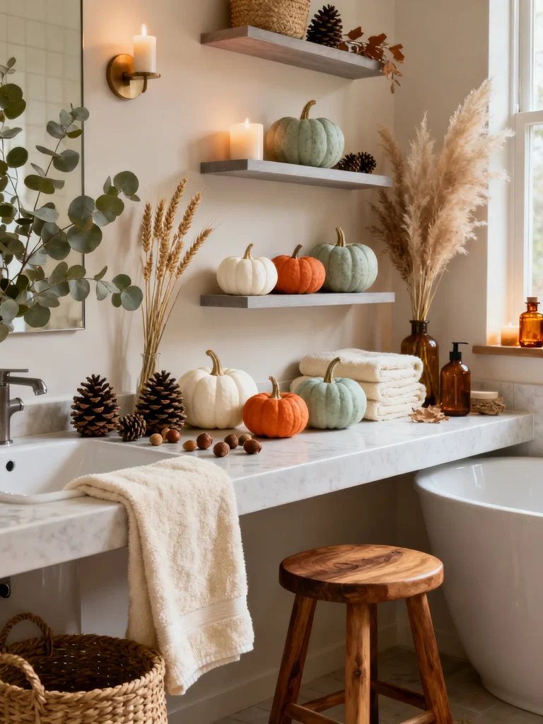 Fall bathroom decorated with subtle pumpkins, pampas grass, pinecones, eucalyptus, candles, woven baskets, and natural wood accents.