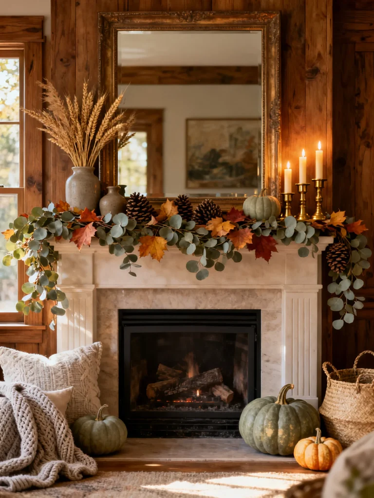 Autumn fireplace mantel decorated with eucalyptus garland, fall leaves, pumpkins, pinecones, candles, wheat stems, and a vintage mirror above a cozy fireplace.