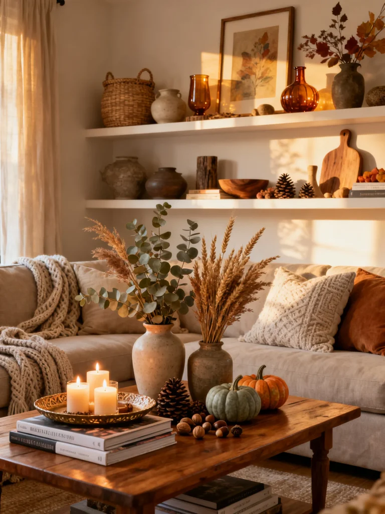 Autumn coffee table and floating shelves styled with candles, pumpkins, clay vases, pinecones, and warm neutral fall decor.