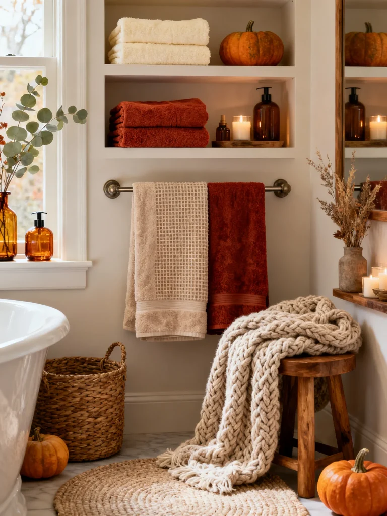 Cozy fall bathroom with plush towels, knit blanket, pumpkins, candles, woven basket, and warm autumn textiles.