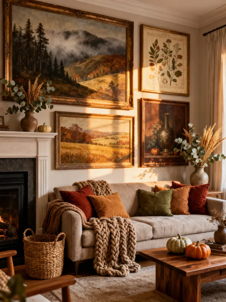 Autumn living room with moody landscape paintings, vintage botanical prints, warm neutral decor, and cozy fall accents surrounding a fireplace.