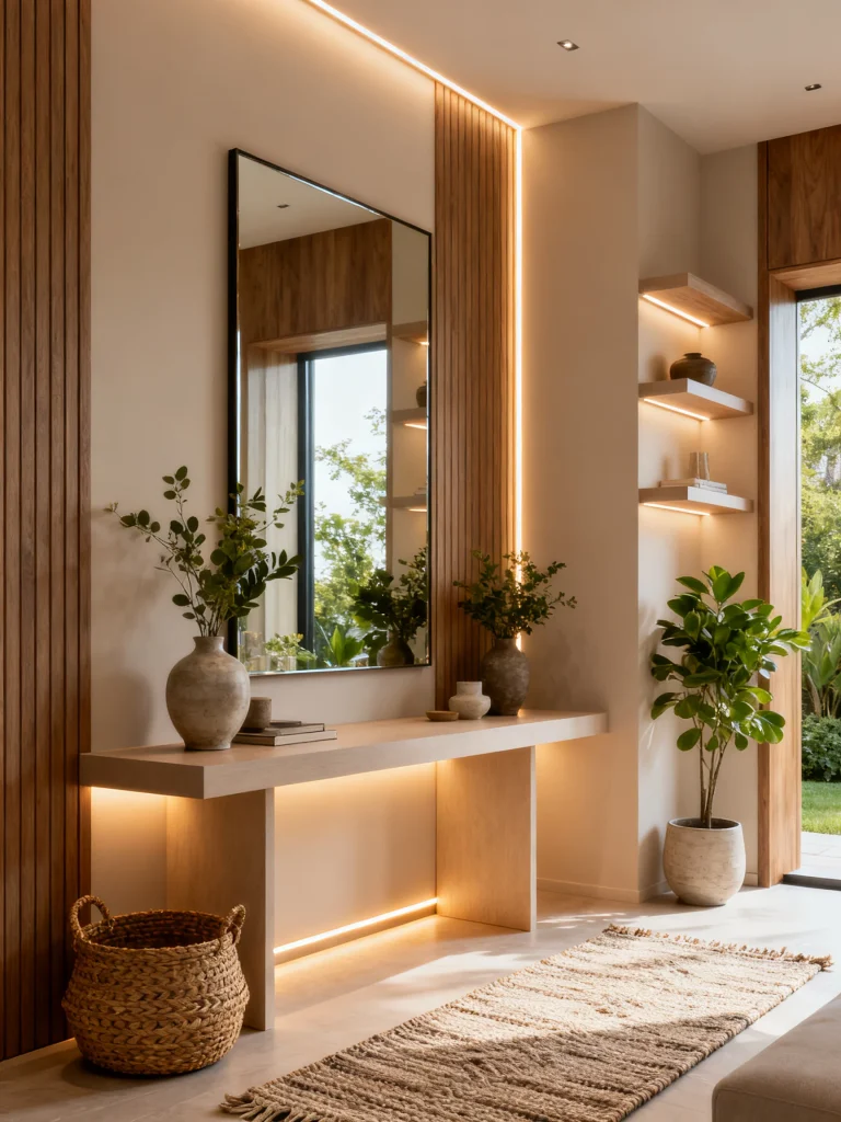 Modern entryway featuring hidden LED strip lighting behind wood slat panels, beneath a floating console table, and on floating shelves for a warm architectural glow.