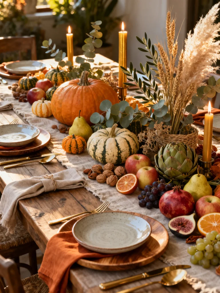 Fall tablescape decorated with pumpkins, apples, pears, grapes, figs, pomegranate, dried wheat, and candles on a rustic farmhouse dining table.
