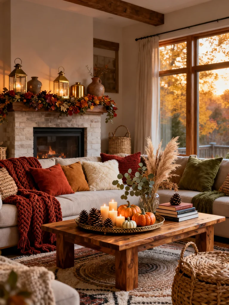 Cozy autumn living room decorated with warm throw blankets, pumpkins, candles, rustic wood furniture, and a fireplace for seasonal fall decor inspiration.