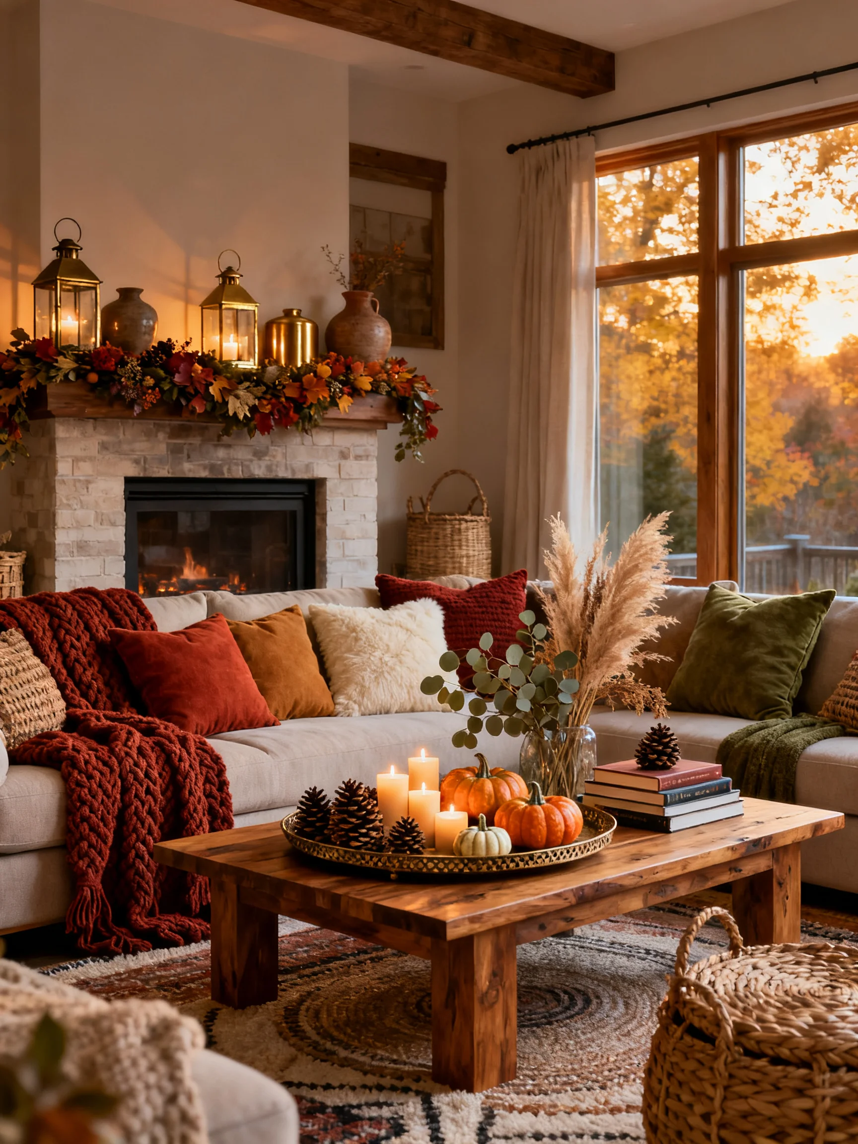 Cozy autumn living room decorated with warm throw blankets, pumpkins, candles, rustic wood furniture, and a fireplace for seasonal fall decor inspiration.