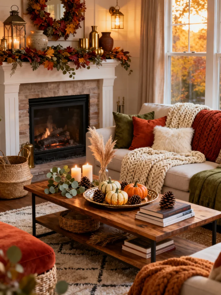 Cozy autumn living room with a decorated fireplace, chunky knit blankets, pumpkins, candles, and warm fall accents creating an inviting seasonal space.