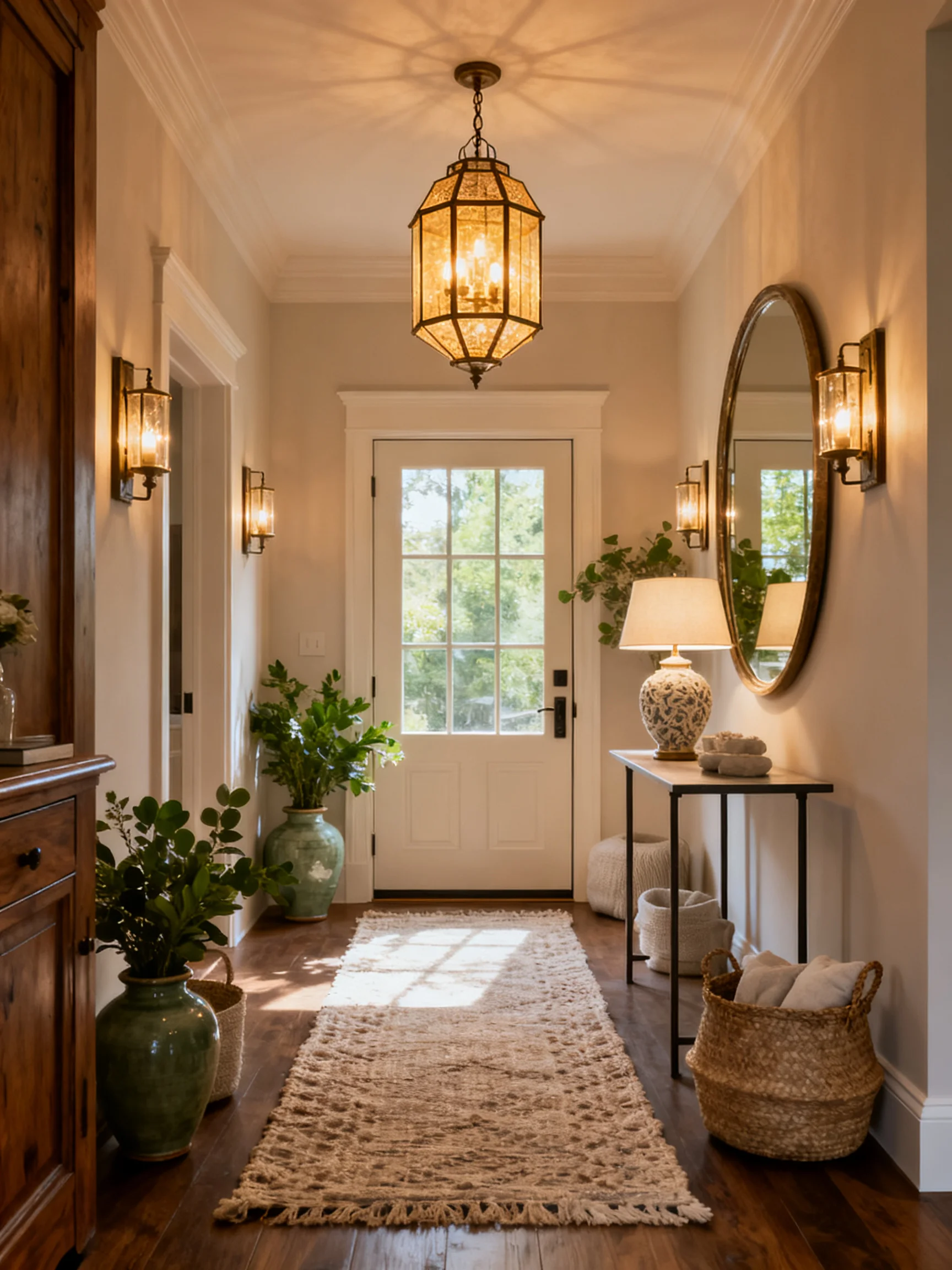 Bright entryway with a statement lantern pendant, wall sconces, console table lamp, round mirror, woven runner, and layered lighting in a modern farmhouse foyer.