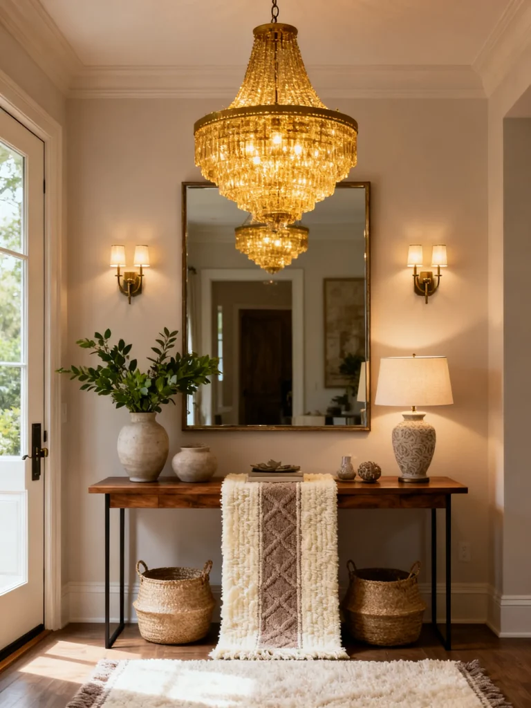 Elegant entryway with a crystal chandelier, matching wall sconces, table lamp, large mirror, wooden console table, and layered lighting for a luxurious foyer.