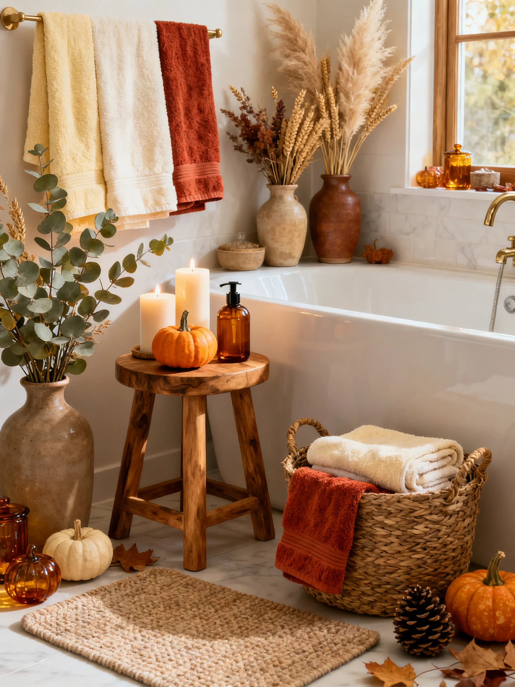 Cozy fall bathroom decor with warm towels, candles, pumpkins, pampas grass, woven basket, and rustic wooden stool beside a bathtub.