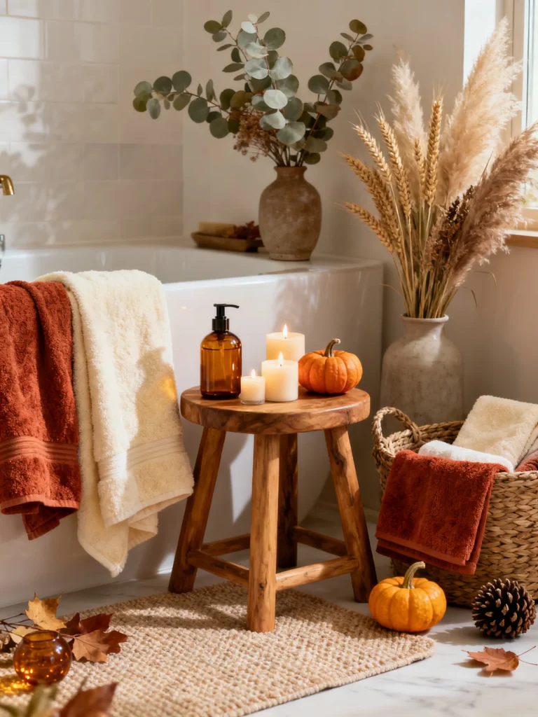 Fall bathroom decor with cozy towels, candles, mini pumpkins, pampas grass, woven basket, and wooden stool beside a bathtub.