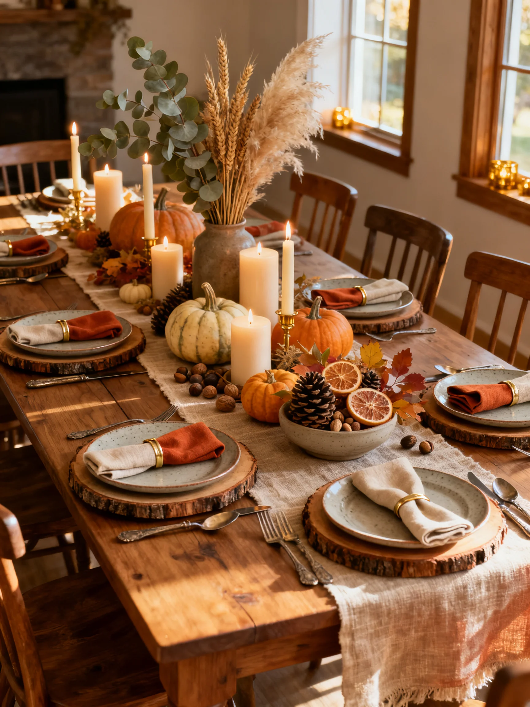 Rustic fall tablescape with pumpkins, candles, pampas grass, eucalyptus, wood slice chargers, and linen napkins on a farmhouse dining table.