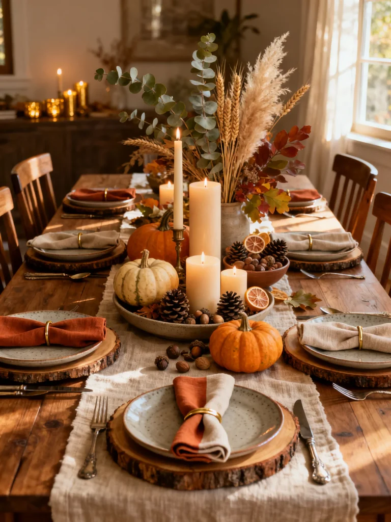 Elegant fall tablescape with pumpkins, candles, eucalyptus, pampas grass, wood slice chargers, and neutral linen napkins on a rustic farmhouse table.