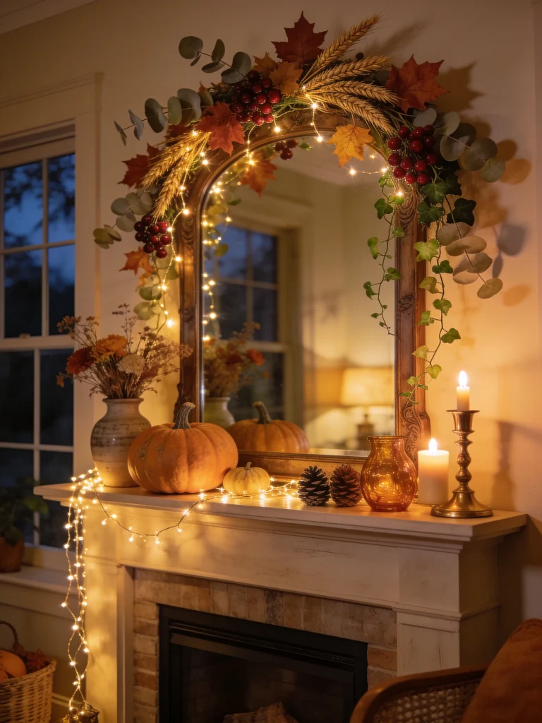 Fall mantel decorated with warm string lights, autumn leaves, eucalyptus, wheat, red berries, pumpkins, pinecones, amber glass, and glowing candles.