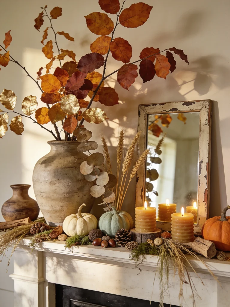 Fall mantel decorated with natural branches, autumn leaves, eucalyptus, wheat, pumpkins, pinecones, acorns, moss, wood accents, and glowing candles.