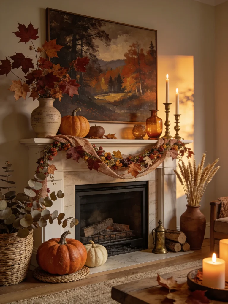 Warm fall mantel decorated with orange and rust leaves, pumpkins, amber glass, brass candles, autumn garland, eucalyptus, and dried wheat.