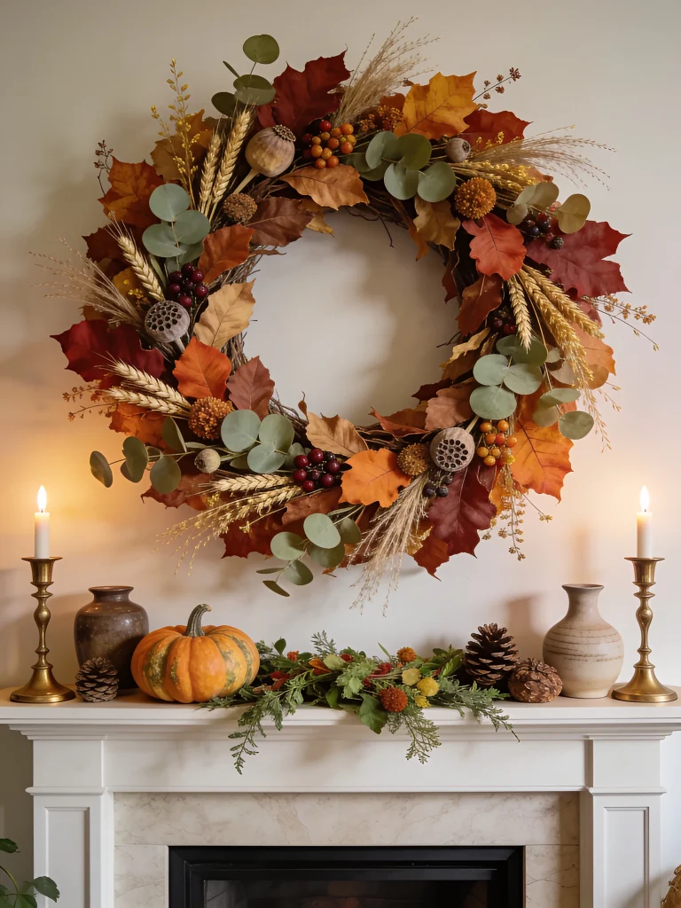 Fall wreath above a white fireplace mantel decorated with autumn leaves, eucalyptus, wheat, berries, pumpkins, pinecones, greenery, and brass candles.