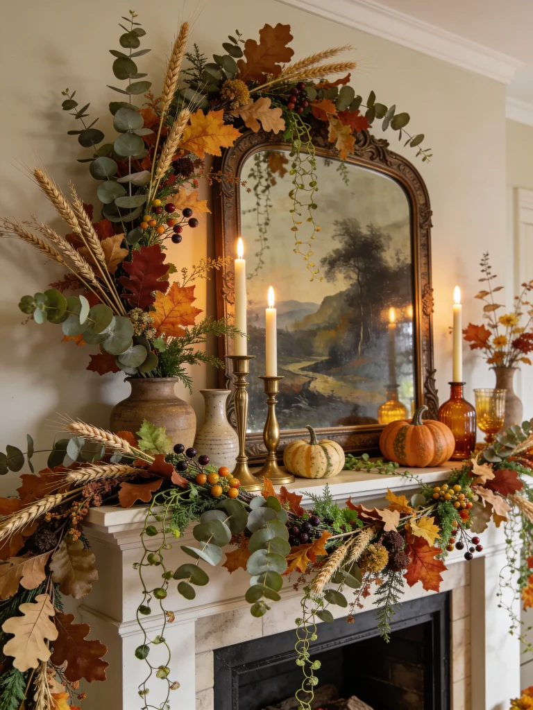 Fall mantel layered with lush garlands of eucalyptus, autumn leaves, wheat, berries, and trailing greenery around a vintage mirror with pumpkins and candles.