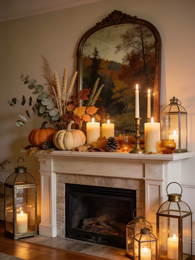 Fall mantel decorated with pillar and taper candles, glowing lanterns, pumpkins, autumn leaves, wheat, eucalyptus, pinecones, and a vintage mirror.