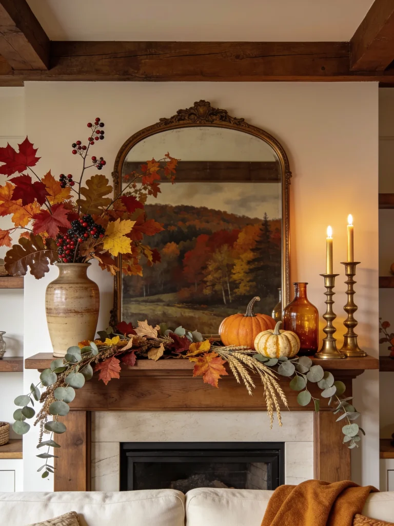 Asymmetrical fall mantel decorated with autumn leaves, berries, eucalyptus, wheat, pumpkins, amber glass bottles, brass candlesticks, and a vintage mirror.