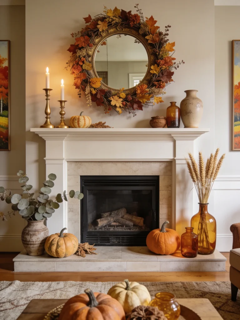 Fall fireplace mantel with a round mirror framed by autumn foliage, brass candles, pumpkins, amber glass vases, eucalyptus, and dried wheat.