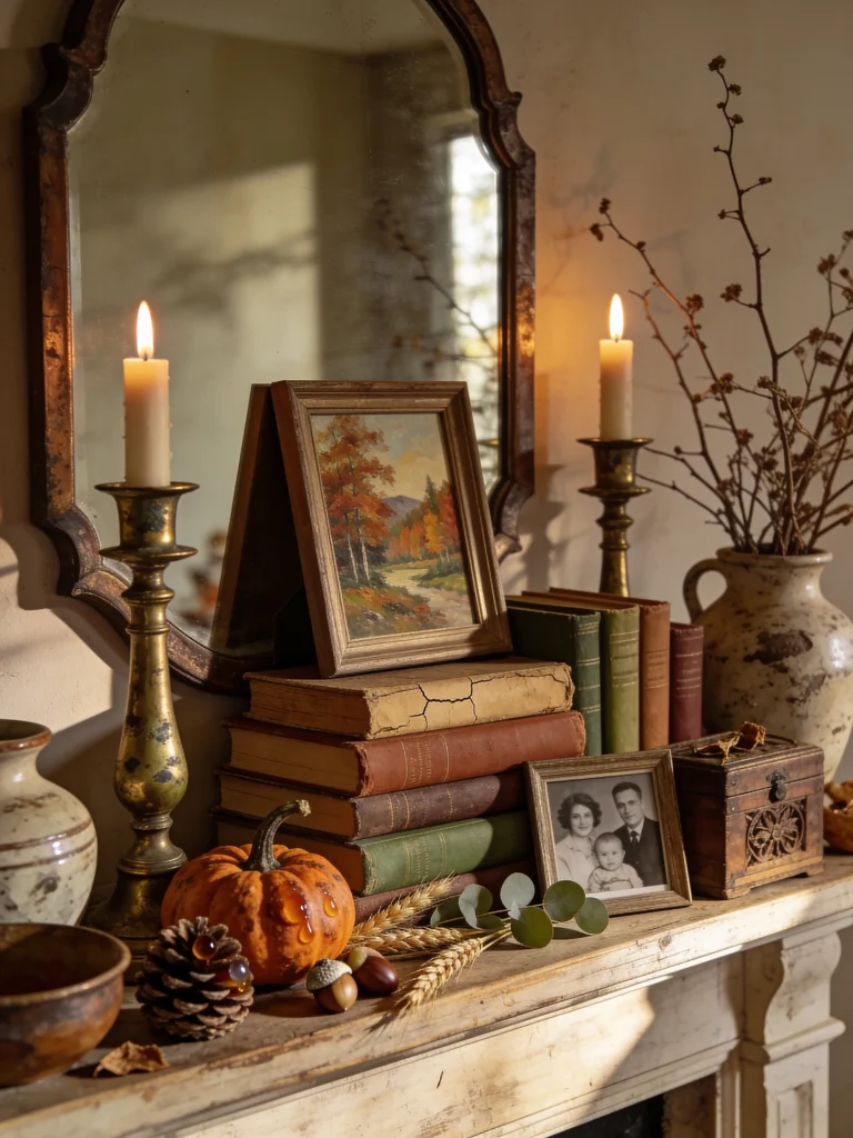 Fall mantel styled with vintage books, framed autumn art, a family photo, brass candlesticks, ceramic vases, a pumpkin, pinecones, wheat, and an antique mirror.