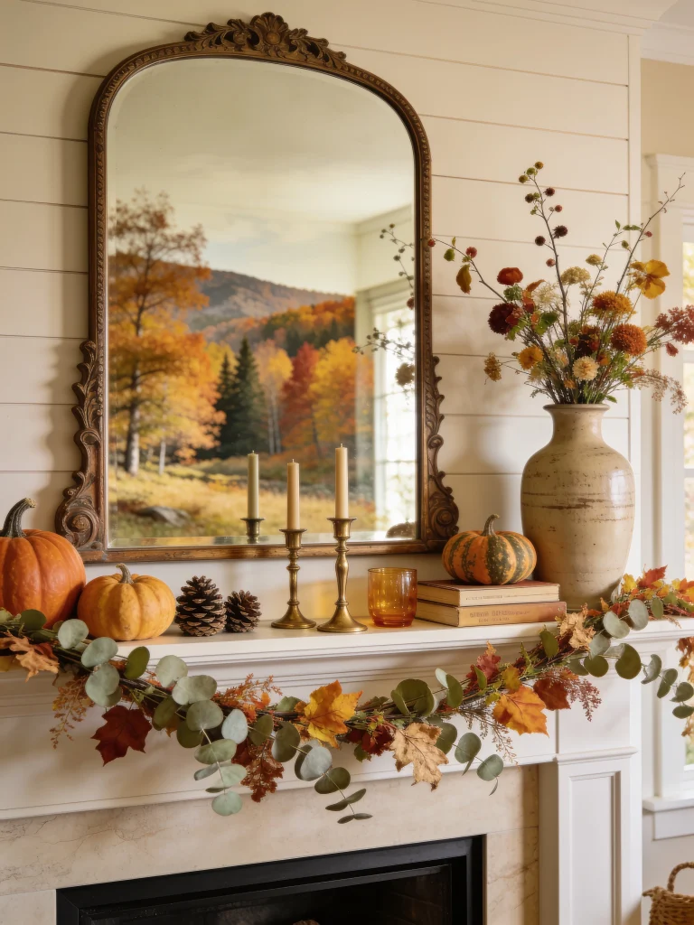 Fall mantel decorated with an antique mirror, pumpkins, brass candlesticks, autumn flowers, books, pinecones, and a eucalyptus leaf garland.