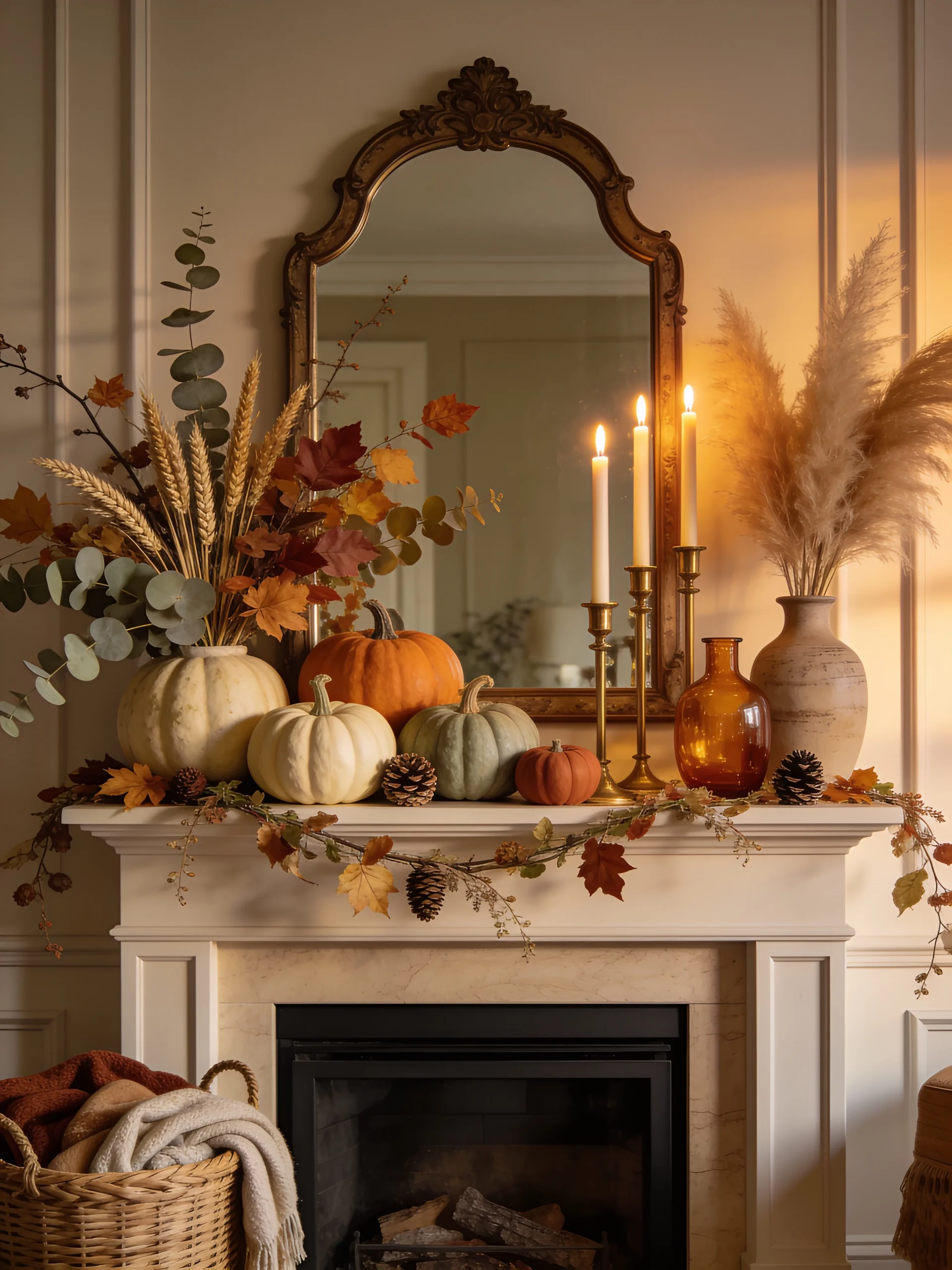 Fall mantel decorating ideas with pumpkins, autumn leaves, eucalyptus, wheat, glowing taper candles, pampas grass, pinecones, and a vintage mirror above a fireplace.