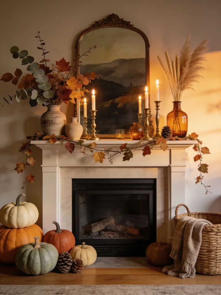 Fall mantel decorated with autumn leaf garland, glowing taper candles, eucalyptus, wheat, pampas grass, amber glass vases, pumpkins, pinecones, and a vintage mirror above the fireplace.